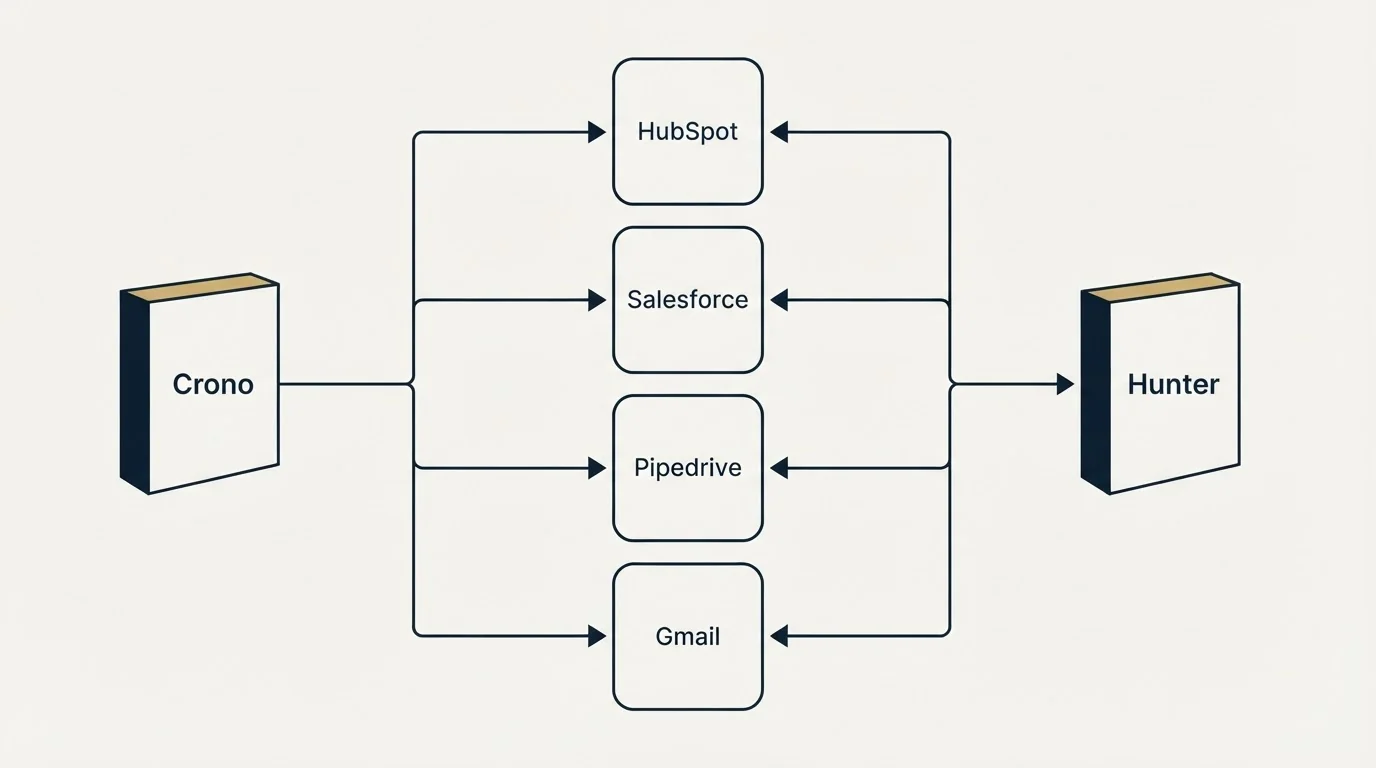 Integration flow: Integration Ecosystem (Crono, Hunter, HubSpot, Salesforce)