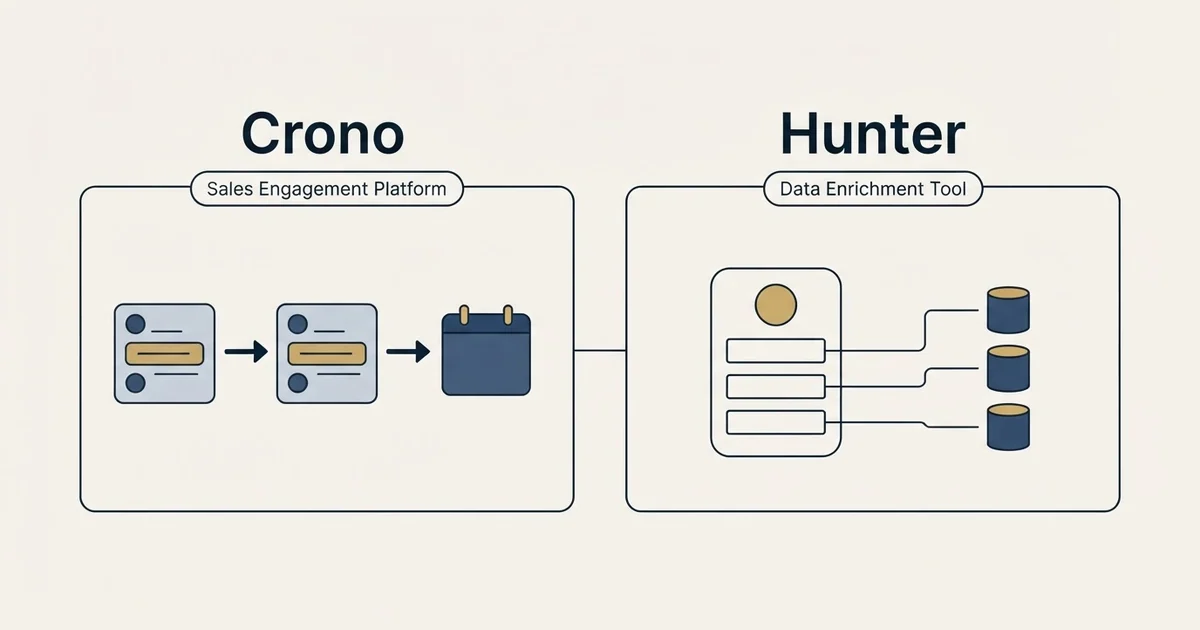 Side-by-side panels: Crono vs Hunter (Sales Engagement Platform, Data Enrichment Tool)