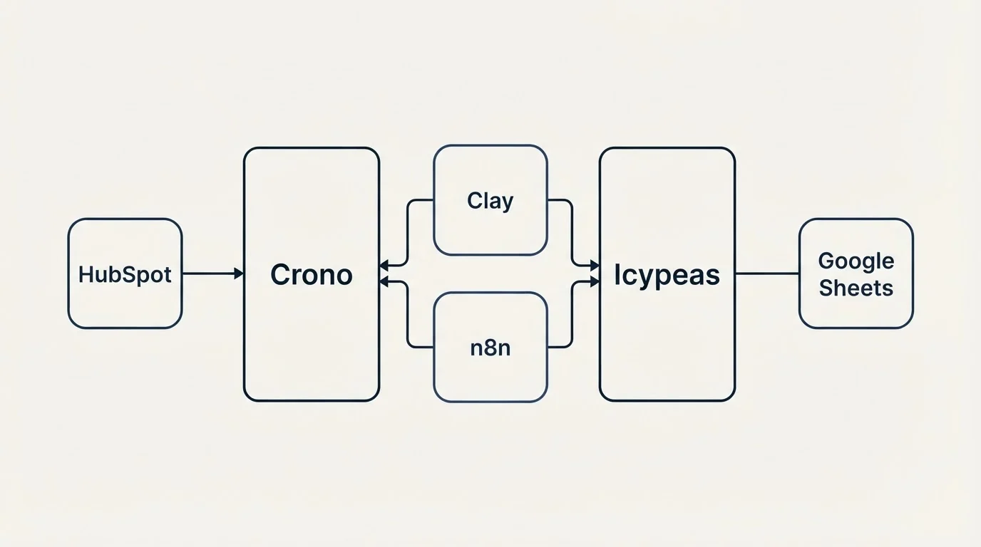 Integration schematic: Integration Ecosystem (Crono, Icypeas, Clay, n8n)