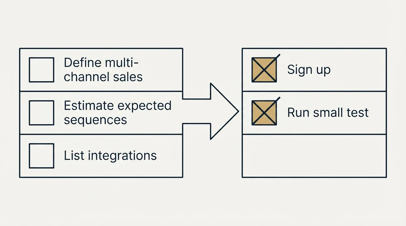 Before-and-after steps: Getting Started Checklist (Define multi-channel sales, Estimate expected sequences, List integrations, Sign up)