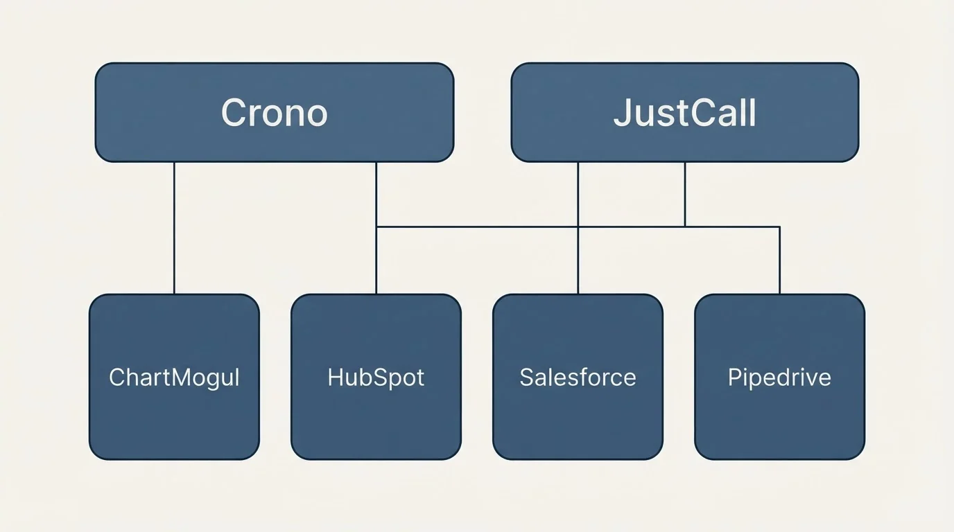 Integration grid: Integration Ecosystem (Crono, JustCall, HubSpot, Salesforce)