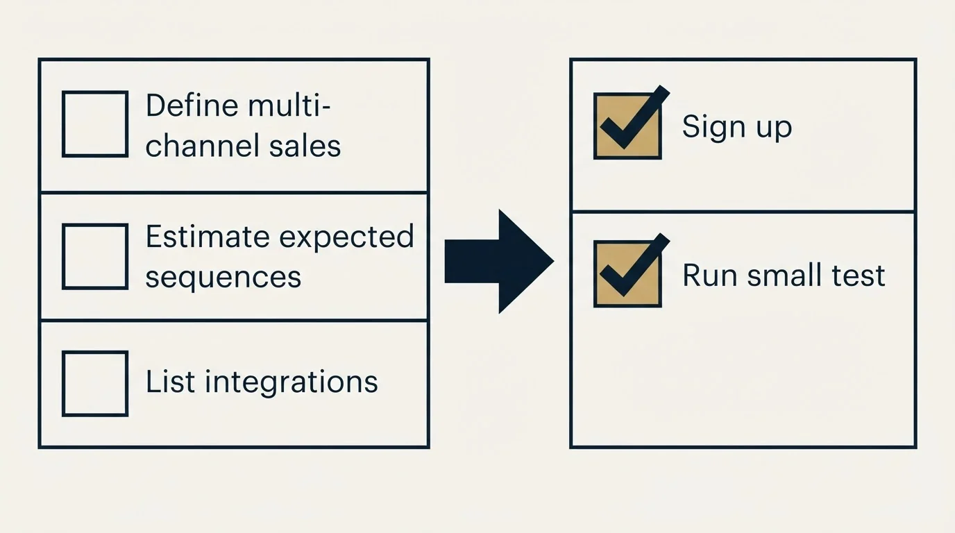 Before-and-after steps: Getting Started Checklist (Define multi-channel sales, Estimate expected sequences, List integrations, Sign up)