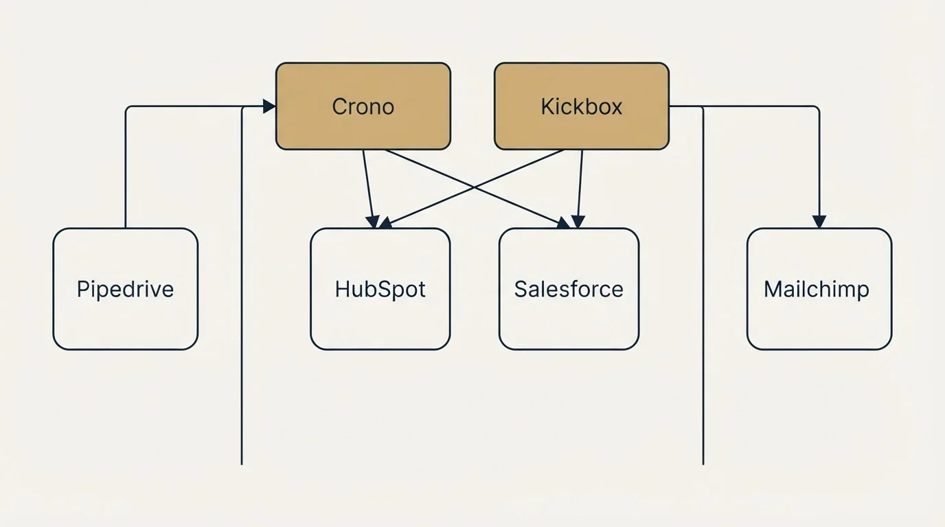 Integration grid: Integration Ecosystem (Crono, Kickbox, HubSpot, Salesforce)