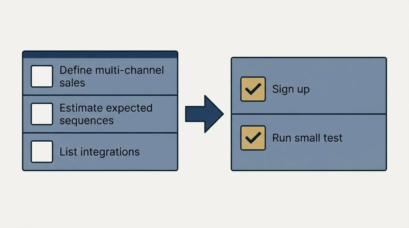 Before-and-after steps: Getting Started Checklist (Define multi-channel sales, Estimate expected sequences, List integrations, Sign up)