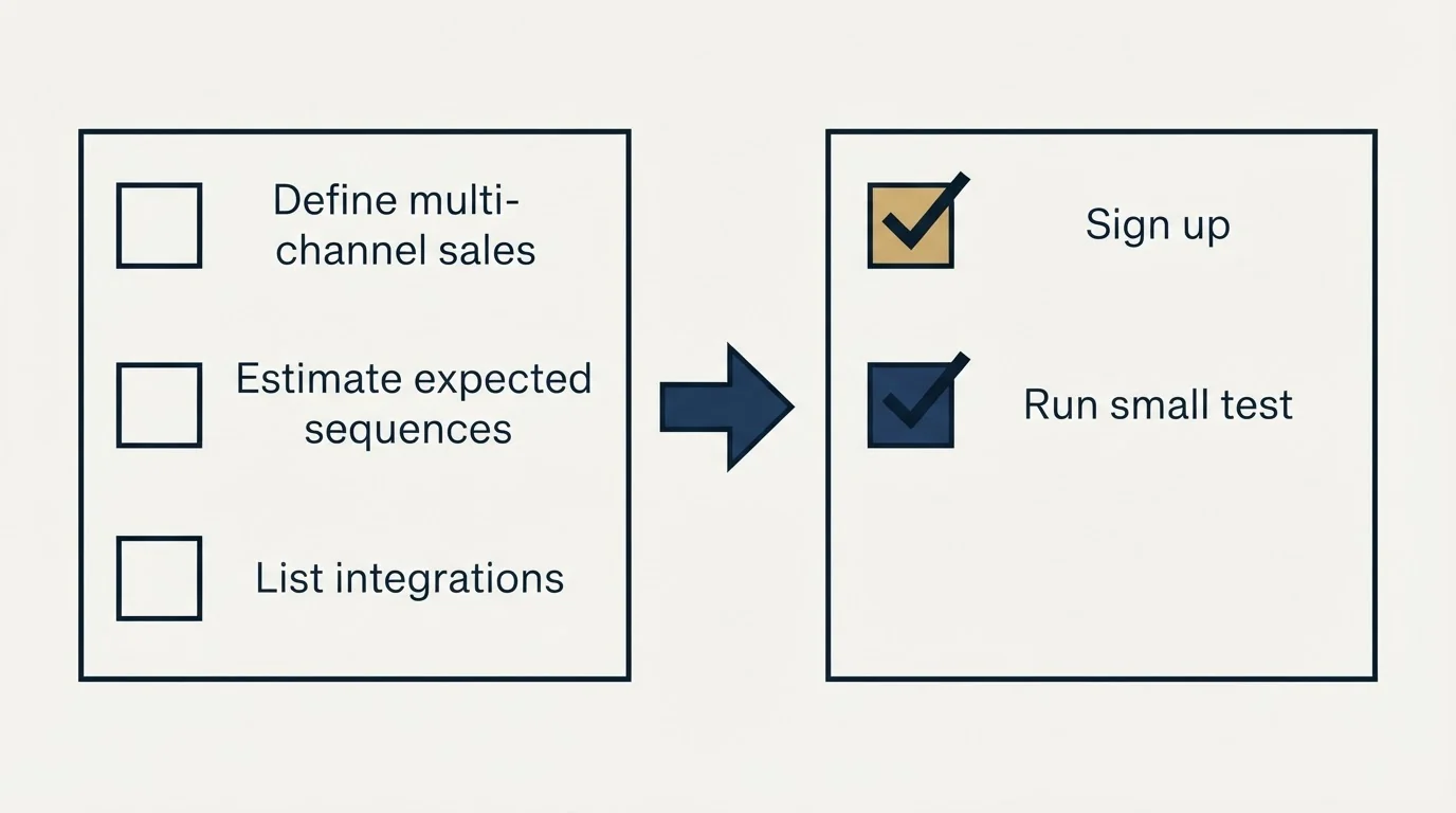 Before-and-after steps: Getting Started Checklist (Define multi-channel sales, Estimate expected sequences, List integrations, Sign up)