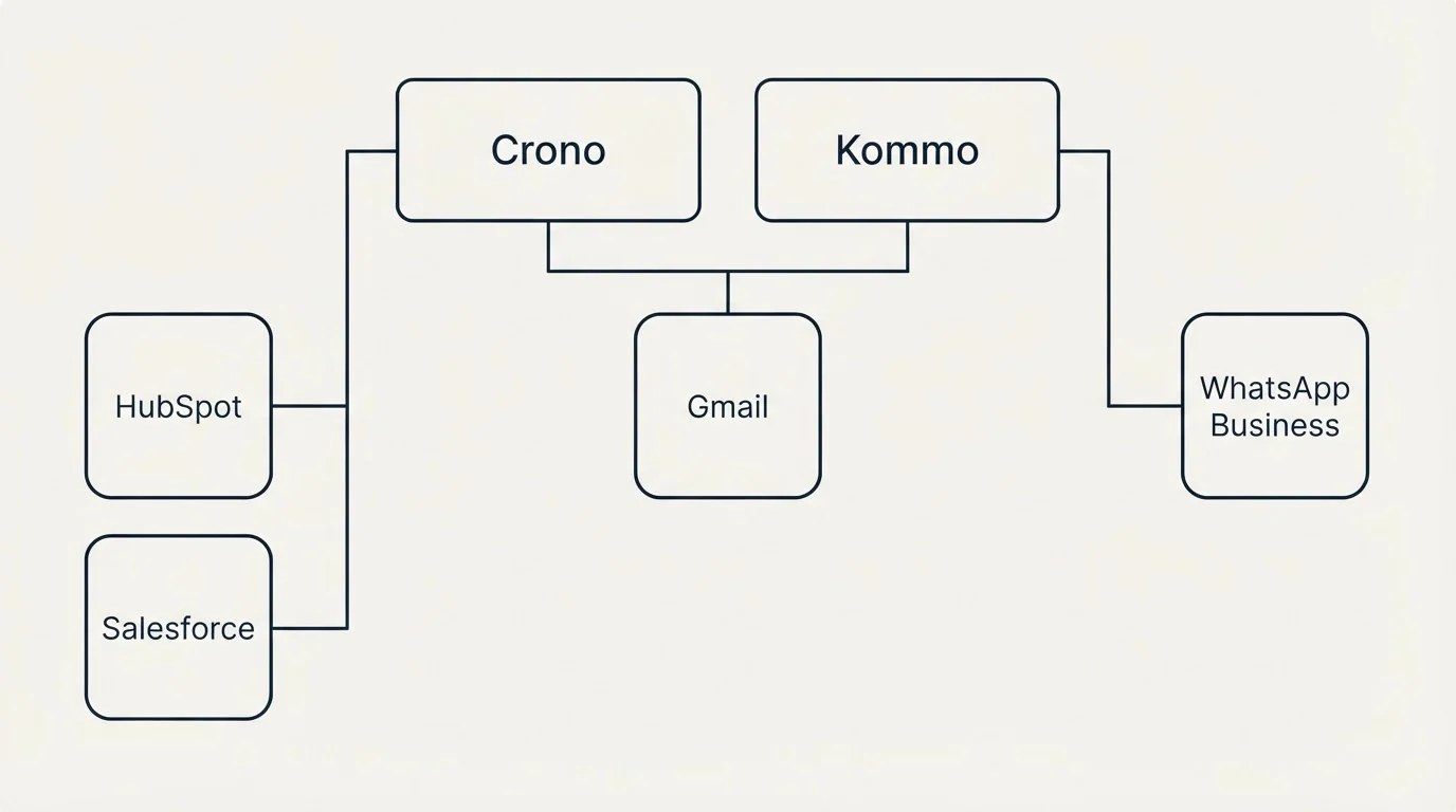 Integration grid: Integration Ecosystem (Crono, Kommo, Gmail, HubSpot)