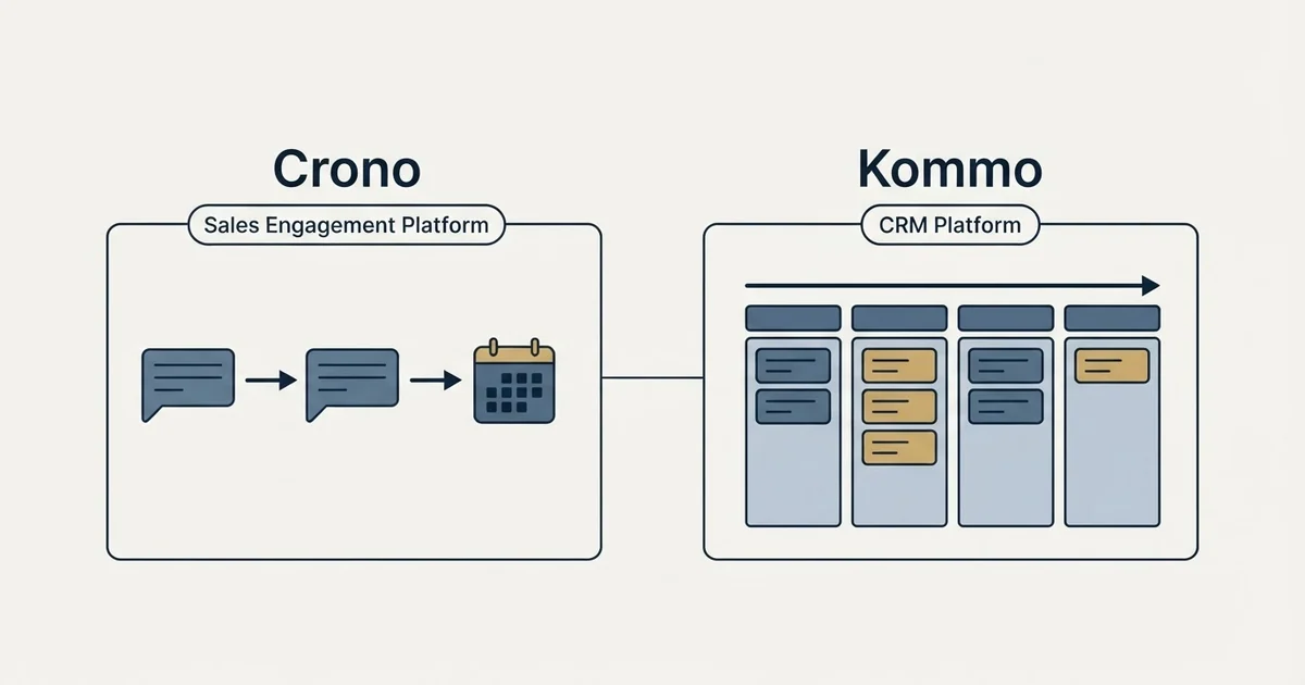 Side-by-side panels: Crono vs Kommo (Sales Engagement Platform, CRM Platform)