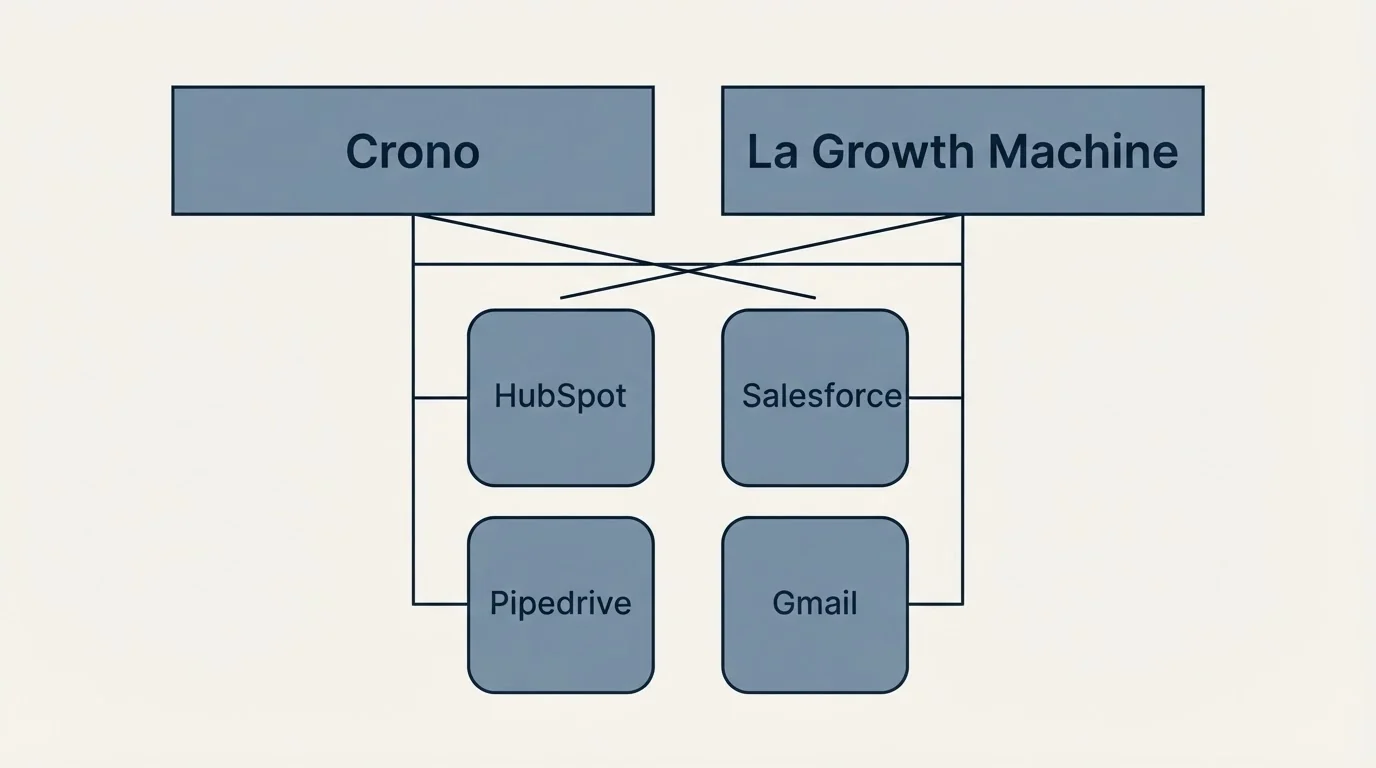 Integration grid: Integration Ecosystem (Crono, La Growth Machine, HubSpot, Salesforce)