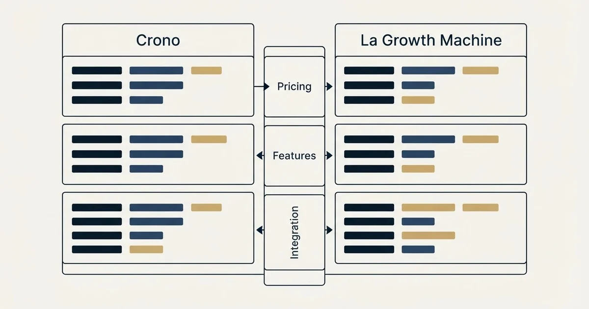 Comparison panel: Crono vs La Growth Machine (Pricing, Features, Integration)