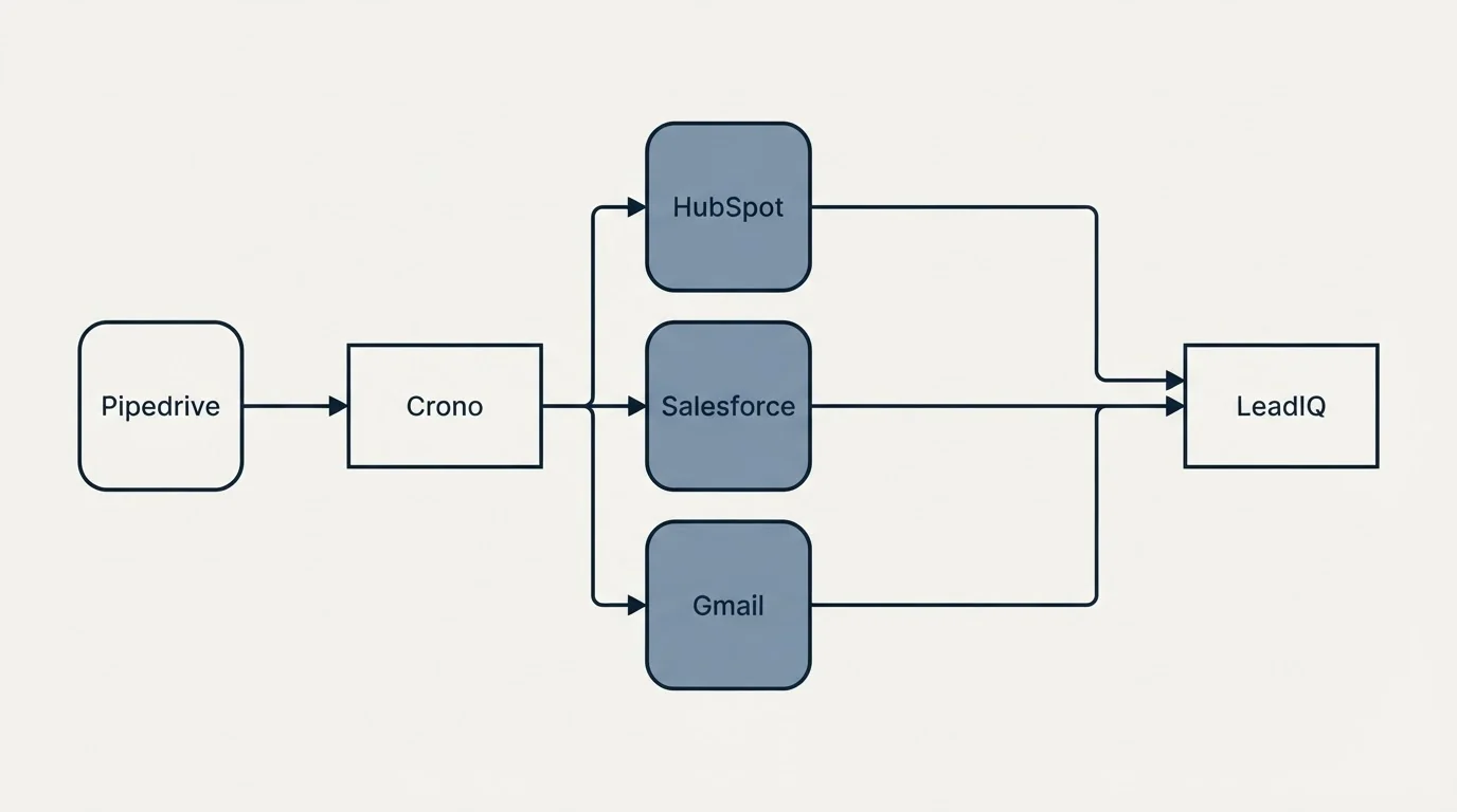 Integration flow: Integration Ecosystem (Crono, LeadIQ, HubSpot, Salesforce)