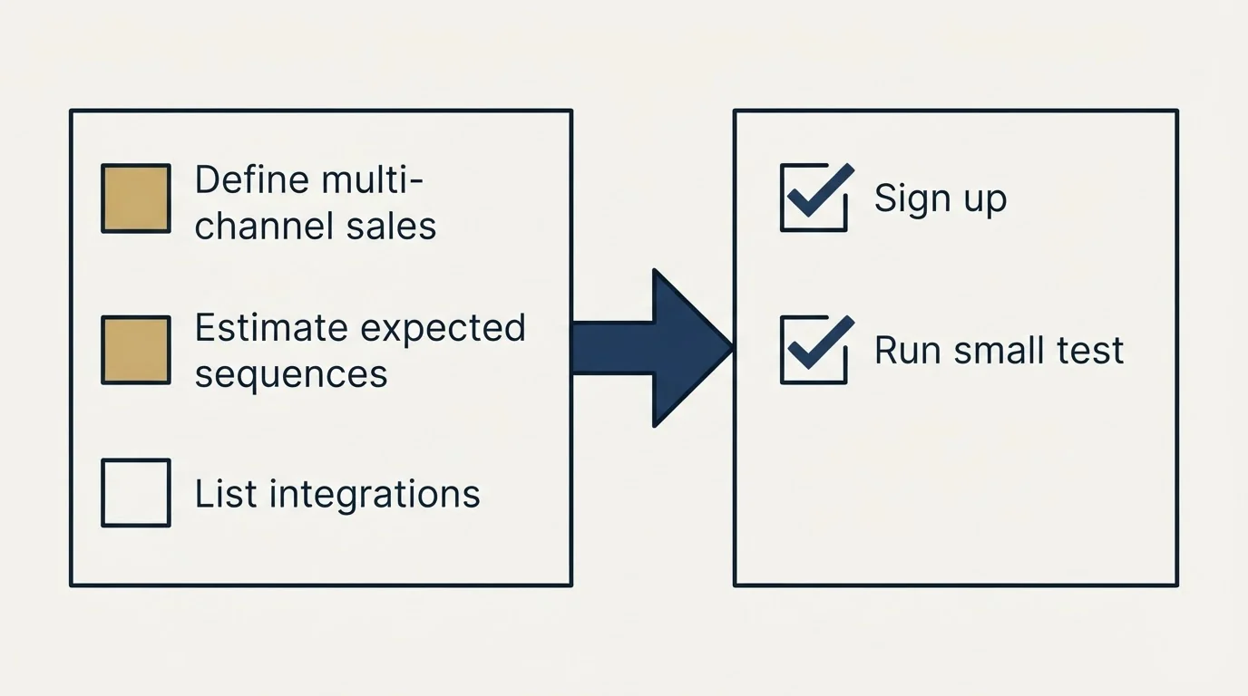 Before-and-after steps: Getting Started Checklist (Define multi-channel sales, Estimate expected sequences, List integrations, Sign up)