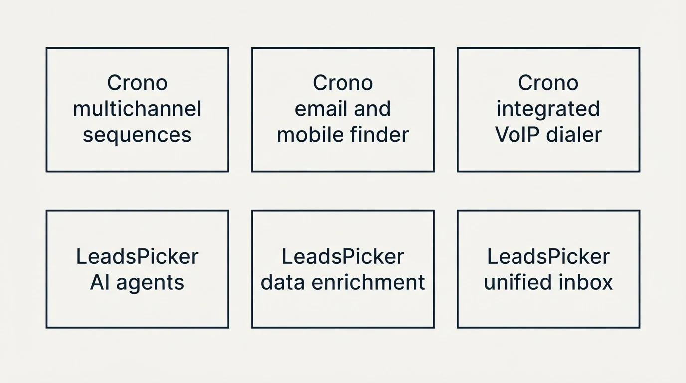Schematic: Features Breakdown (Crono multichannel sequences, Crono email and mobile finder, Crono integrated VoIP dialer, LeadsPicker AI agents)