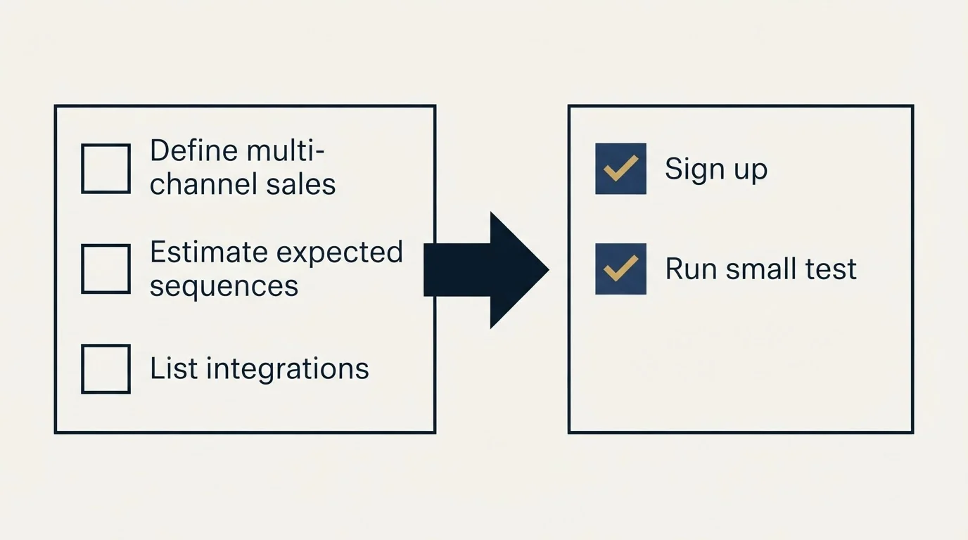 Before-and-after steps: Getting Started Checklist (Define multi-channel sales, Estimate expected sequences, List integrations, Sign up)