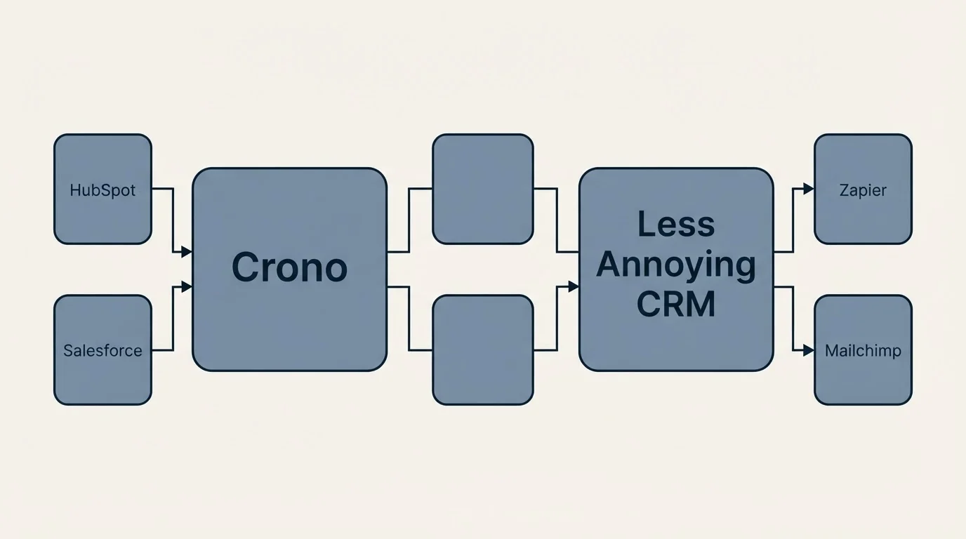 Integration flow: Integration Ecosystem (Crono, Less Annoying CRM, HubSpot, Zapier)