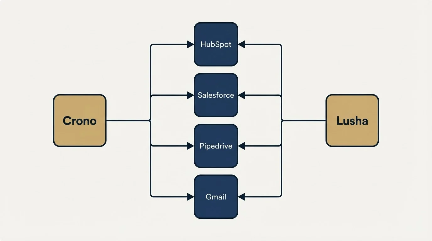Integration flow: Integration Ecosystem (Crono, Lusha, HubSpot, Salesforce)
