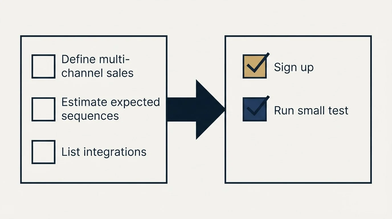 Before-and-after steps: Getting Started Checklist (Define multi-channel sales, Estimate expected sequences, List integrations, Sign up)
