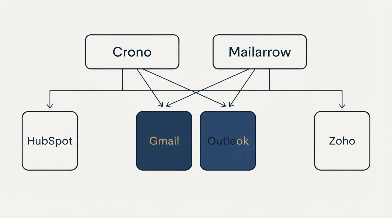 Integration grid: Integration Ecosystem (Crono, Mailarrow, Gmail, Outlook)