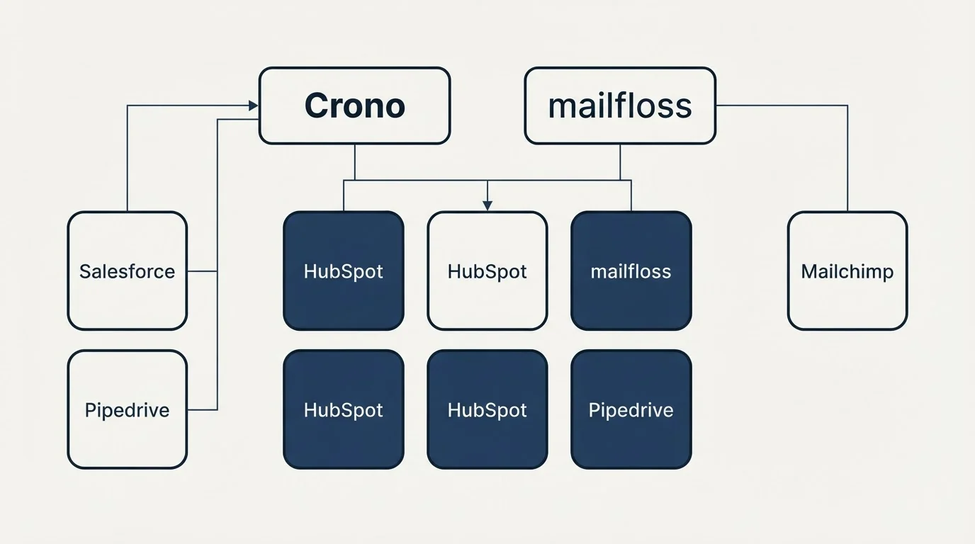 Integration grid: Integration Ecosystem (Crono, mailfloss, HubSpot, Salesforce)