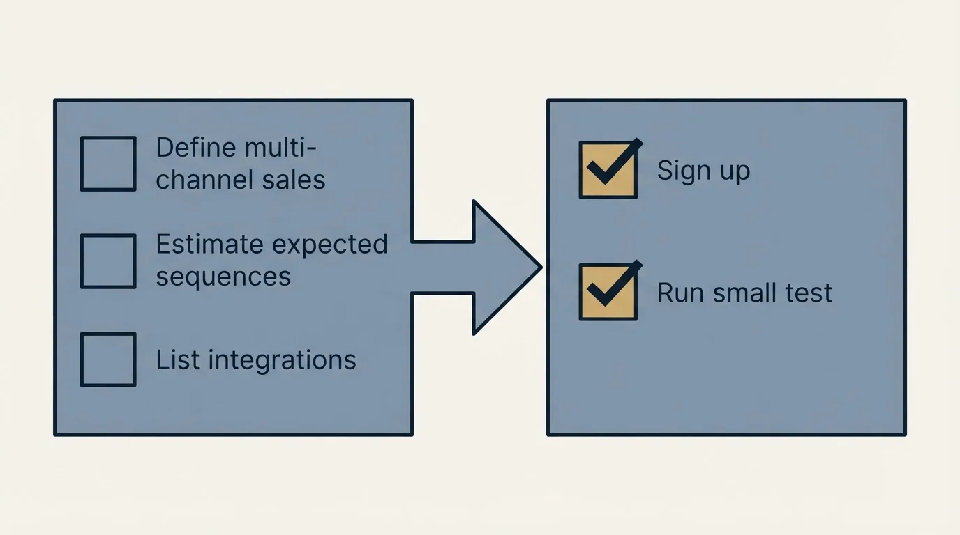 Before-and-after steps: Getting Started Checklist (Define multi-channel sales, Estimate expected sequences, List integrations, Sign up)