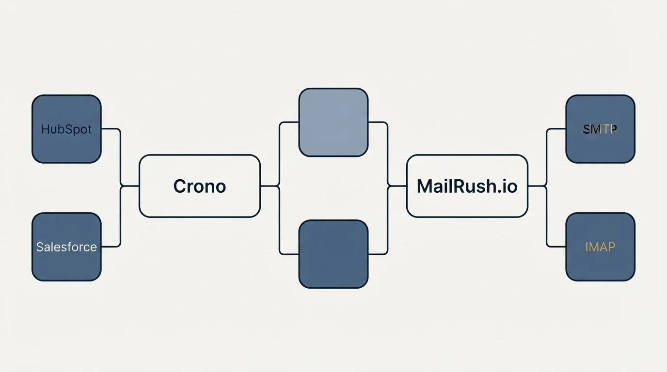 Integration flow: Integration Ecosystem (Crono, MailRush.io, HubSpot, SMTP)