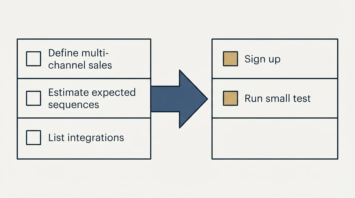 Before-and-after steps: Getting Started Checklist (Define multi-channel sales, Estimate expected sequences, List integrations, Sign up)