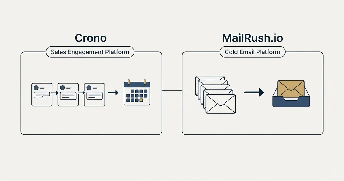 Side-by-side panels: Crono vs MailRush.io (Sales Engagement Platform, Cold Email Platform)