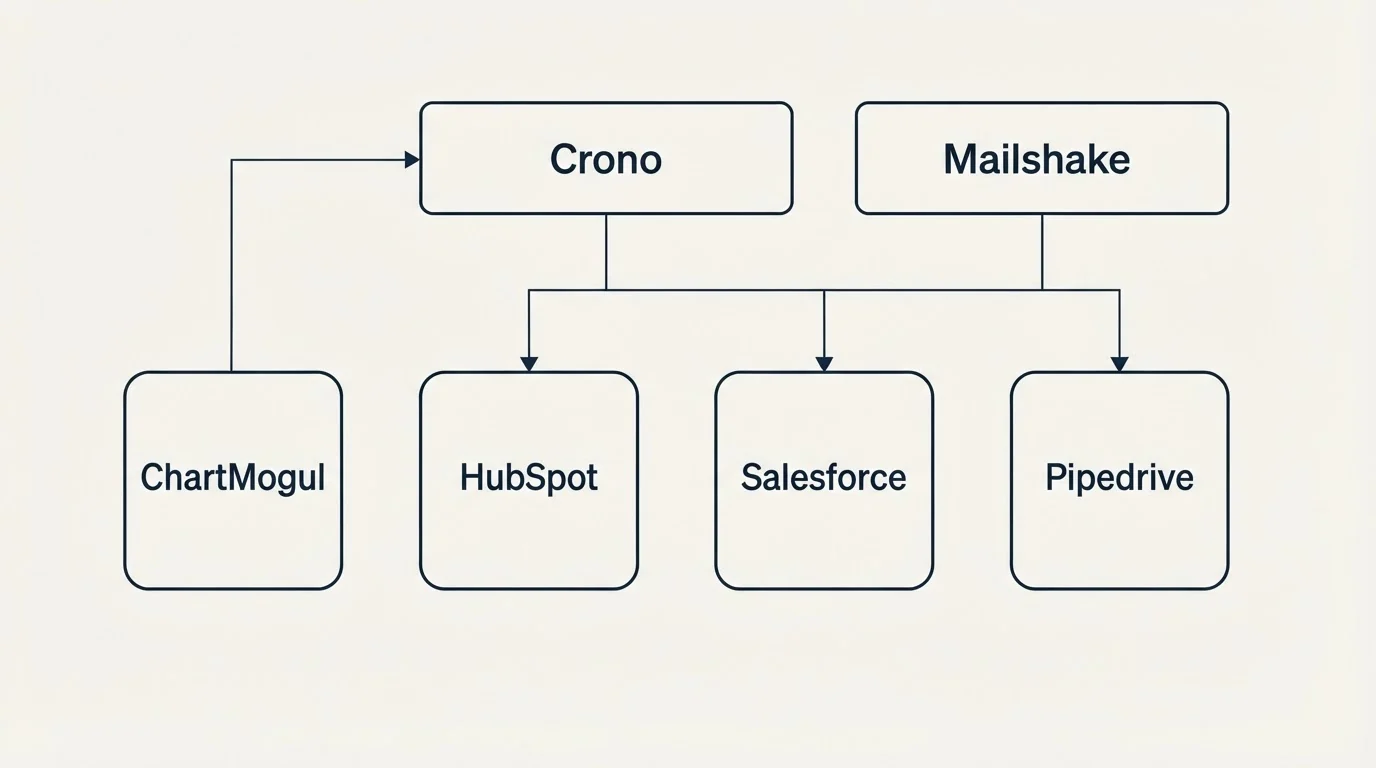 Integration grid: Integration Ecosystem (Crono, Mailshake, HubSpot, Salesforce)