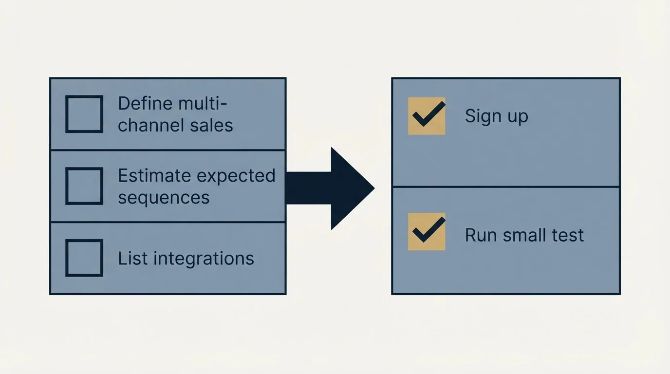 Before-and-after steps: Getting Started Checklist (Define multi-channel sales, Estimate expected sequences, List integrations, Sign up)