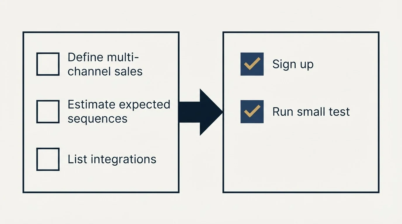 Before-and-after steps: Getting Started Checklist (Define multi-channel sales, Estimate expected sequences, List integrations, Sign up)