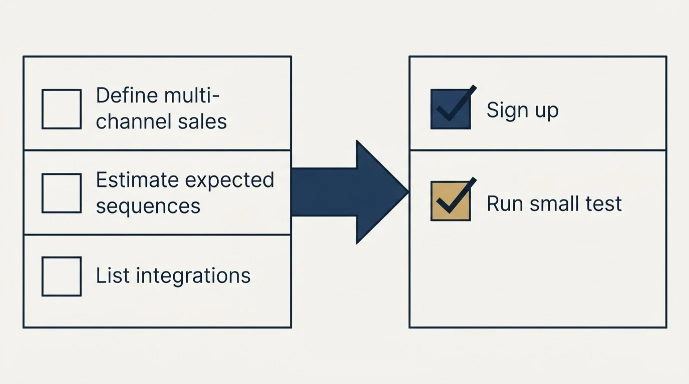 Before-and-after steps: Getting Started Checklist (Define multi-channel sales, Estimate expected sequences, List integrations, Sign up)