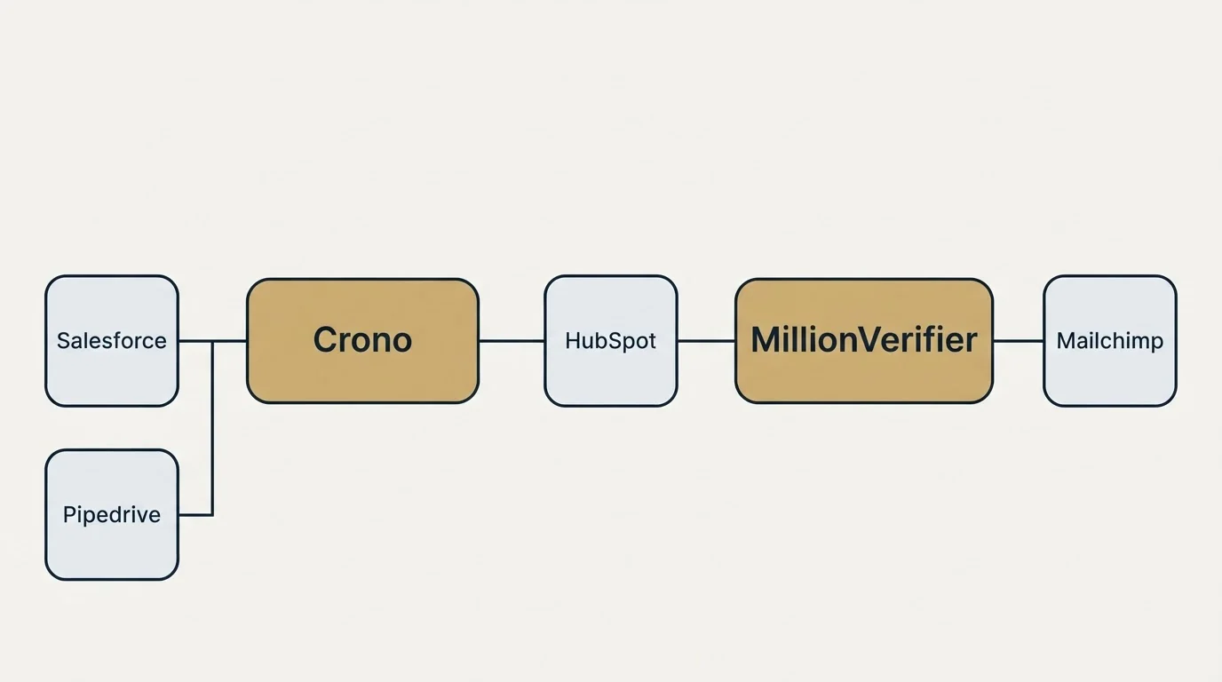 Integration flow: Integration Ecosystem (Crono, MillionVerifier, HubSpot, Salesforce)