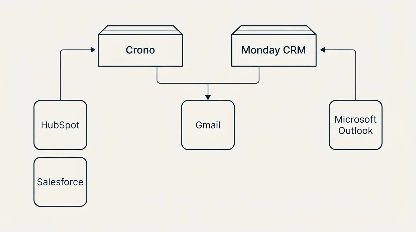 Integration grid: Integration Ecosystem (Crono, Monday CRM, Gmail, HubSpot)