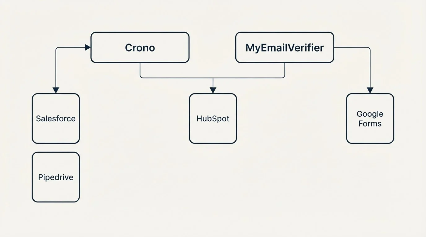 Integration grid: Integration Ecosystem (Crono, MyEmailVerifier, HubSpot, Salesforce)