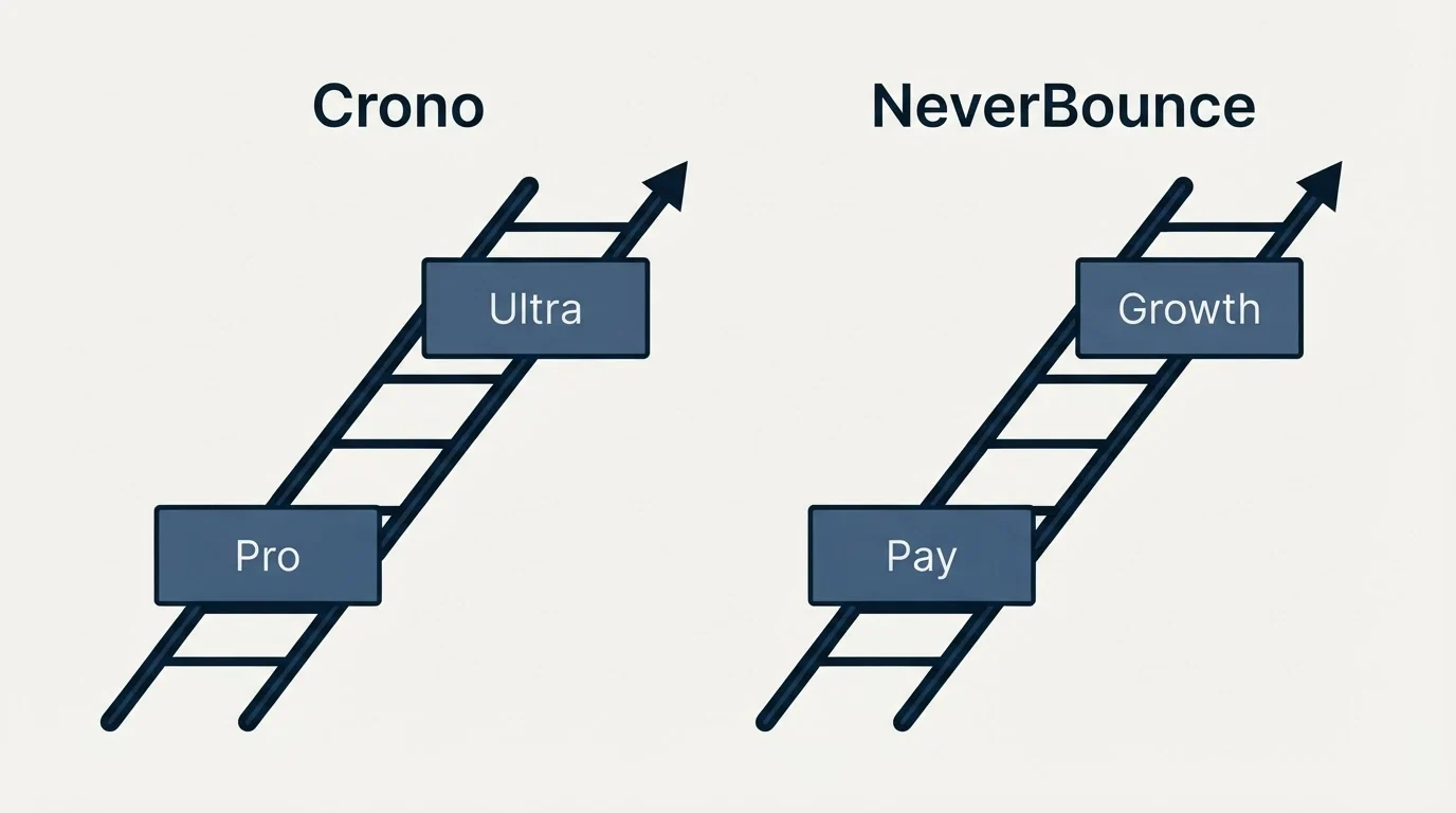 Pricing ladder: Pricing Comparison (Crono, NeverBounce, Pro, Pay)