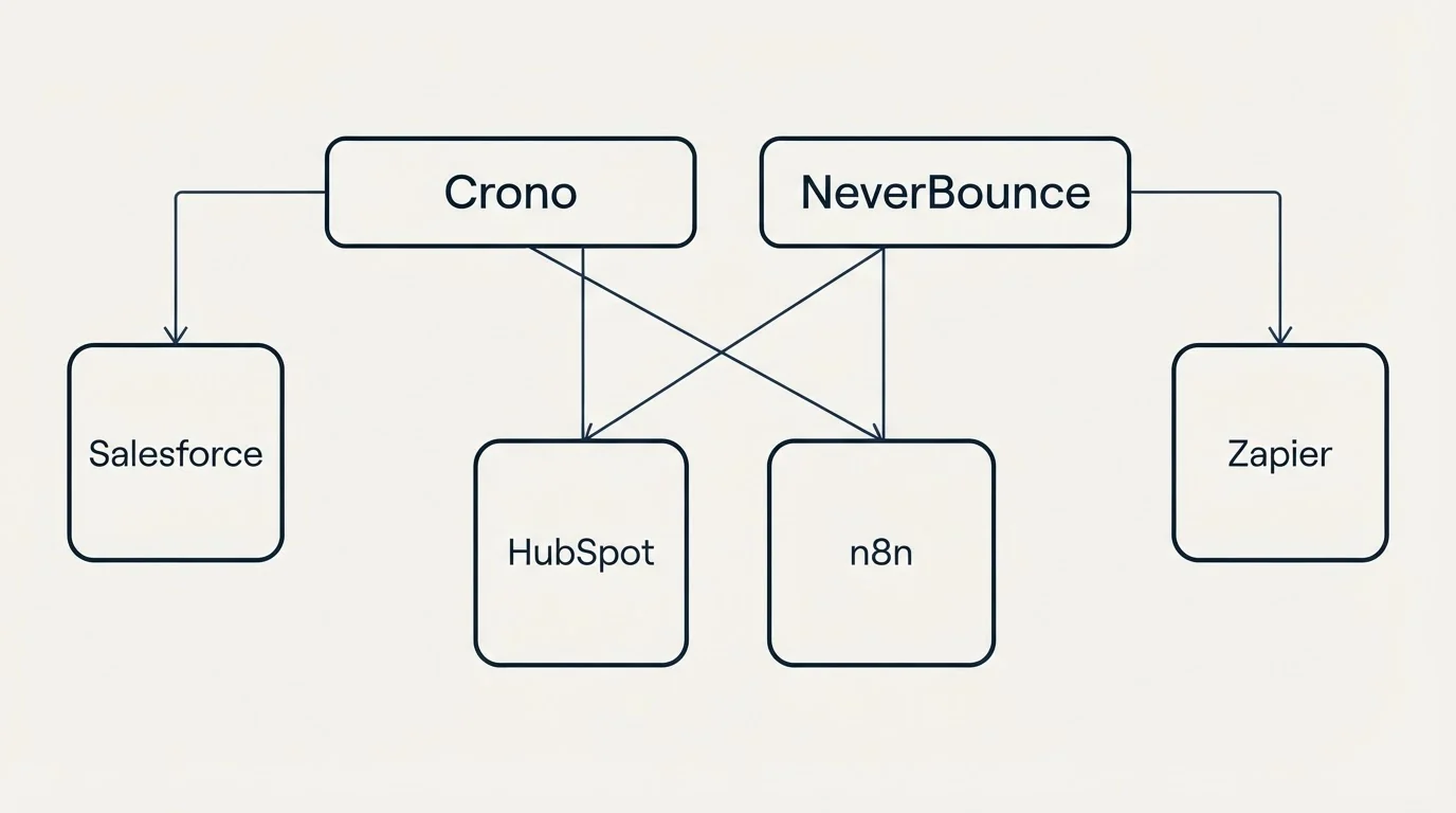Integration grid: Integration Ecosystem (Crono, NeverBounce, HubSpot, n8n)