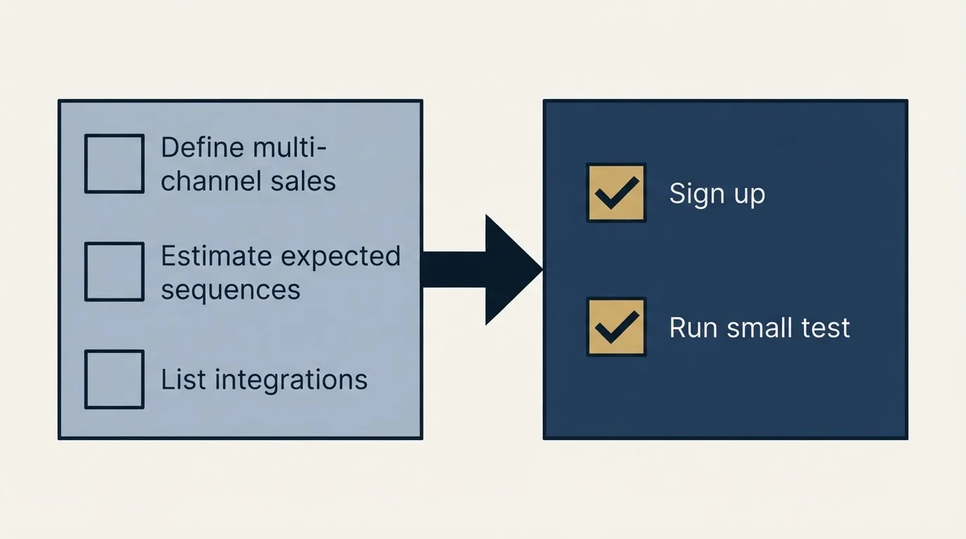 Before-and-after steps: Getting Started Checklist (Define multi-channel sales, Estimate expected sequences, List integrations, Sign up)