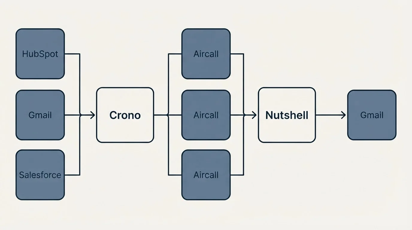 Integration flow: Integration Ecosystem (Crono, Nutshell, Aircall, HubSpot)