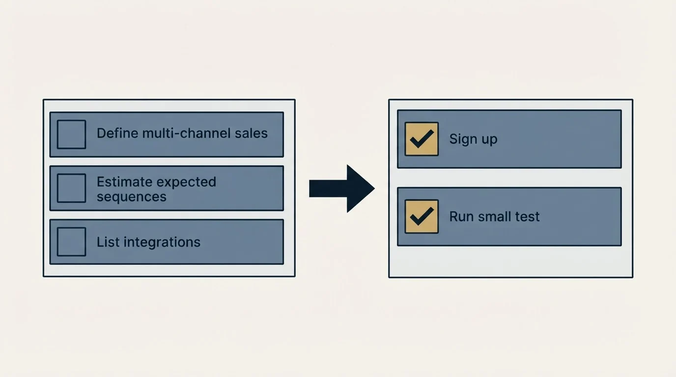 Before-and-after steps: Getting Started Checklist (Define multi-channel sales, Estimate expected sequences, List integrations, Sign up)