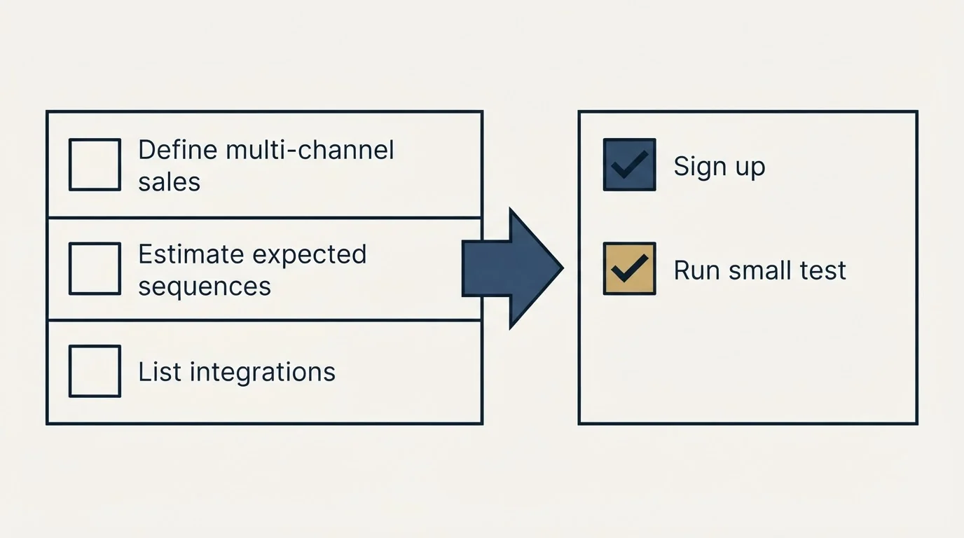 Before-and-after steps: Getting Started Checklist (Define multi-channel sales, Estimate expected sequences, List integrations, Sign up)
