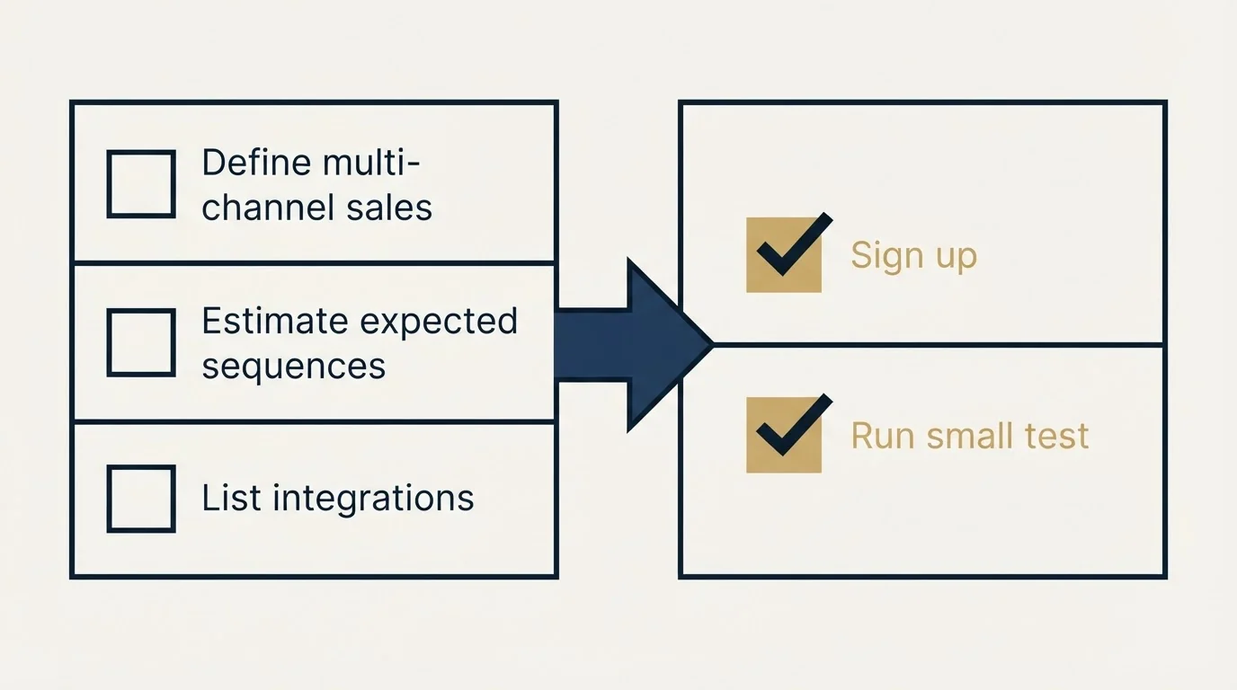 Before-and-after steps: Getting Started Checklist (Define multi-channel sales, Estimate expected sequences, List integrations, Sign up)