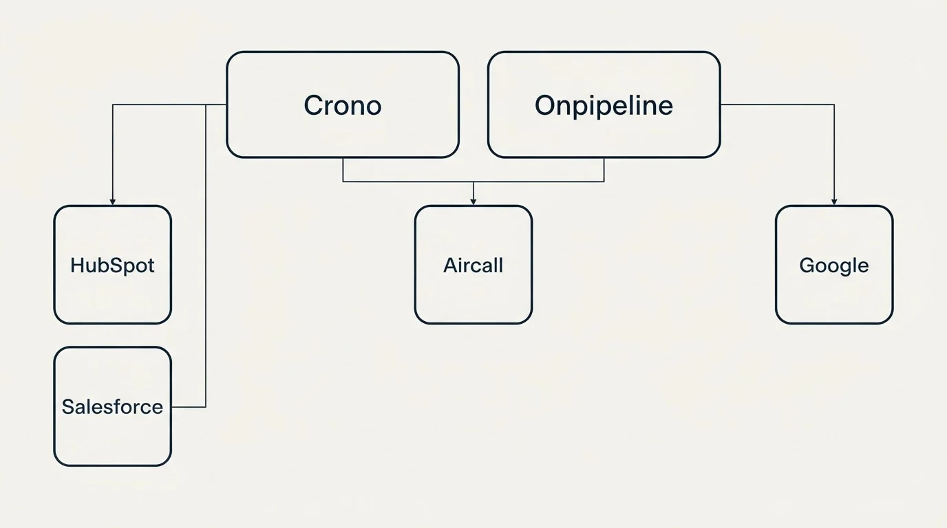 Integration grid: Integration Ecosystem (Crono, Onpipeline, Aircall, HubSpot)