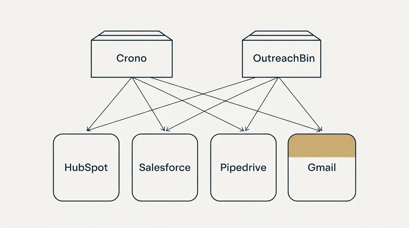 Integration grid: Integration Ecosystem (Crono, OutreachBin, HubSpot, Salesforce)