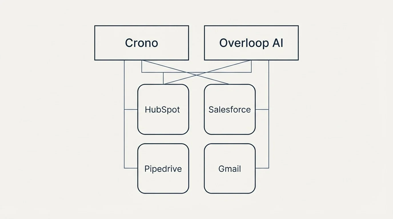 Integration grid: Integration Ecosystem (Crono, Overloop AI, HubSpot, Salesforce)