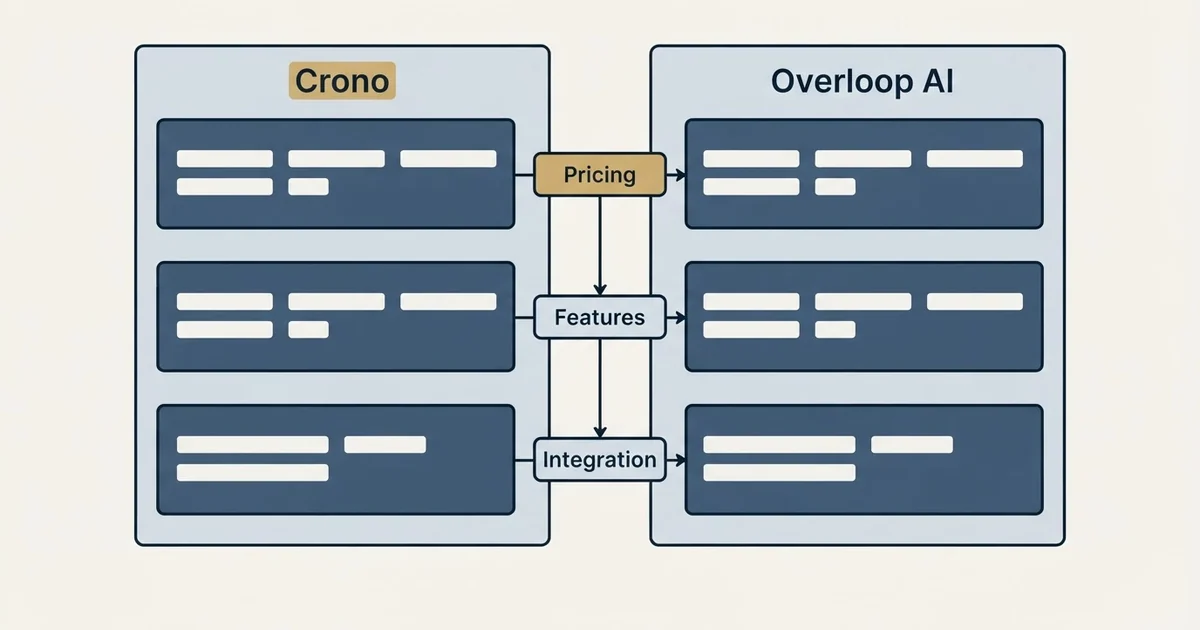 Comparison panel: Crono vs Overloop AI (Pricing, Features, Integration)