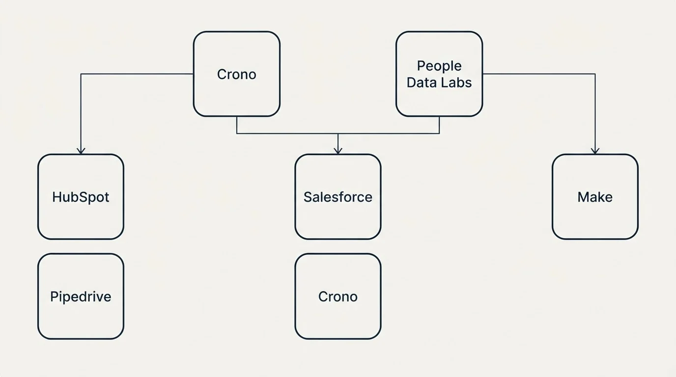 Integration grid: Integration Ecosystem (Crono, People Data Labs, Salesforce, HubSpot)