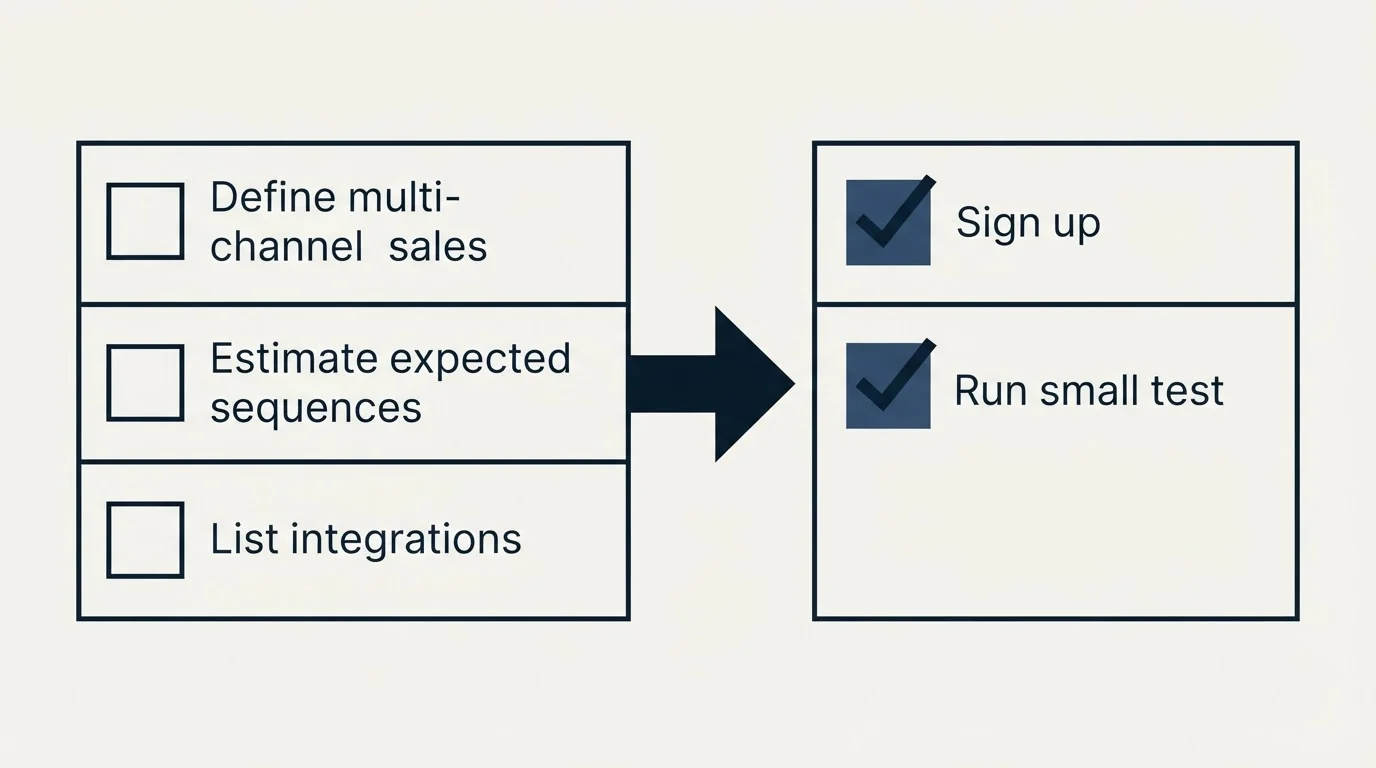 Before-and-after steps: Getting Started Checklist (Define multi-channel sales, Estimate expected sequences, List integrations, Sign up)