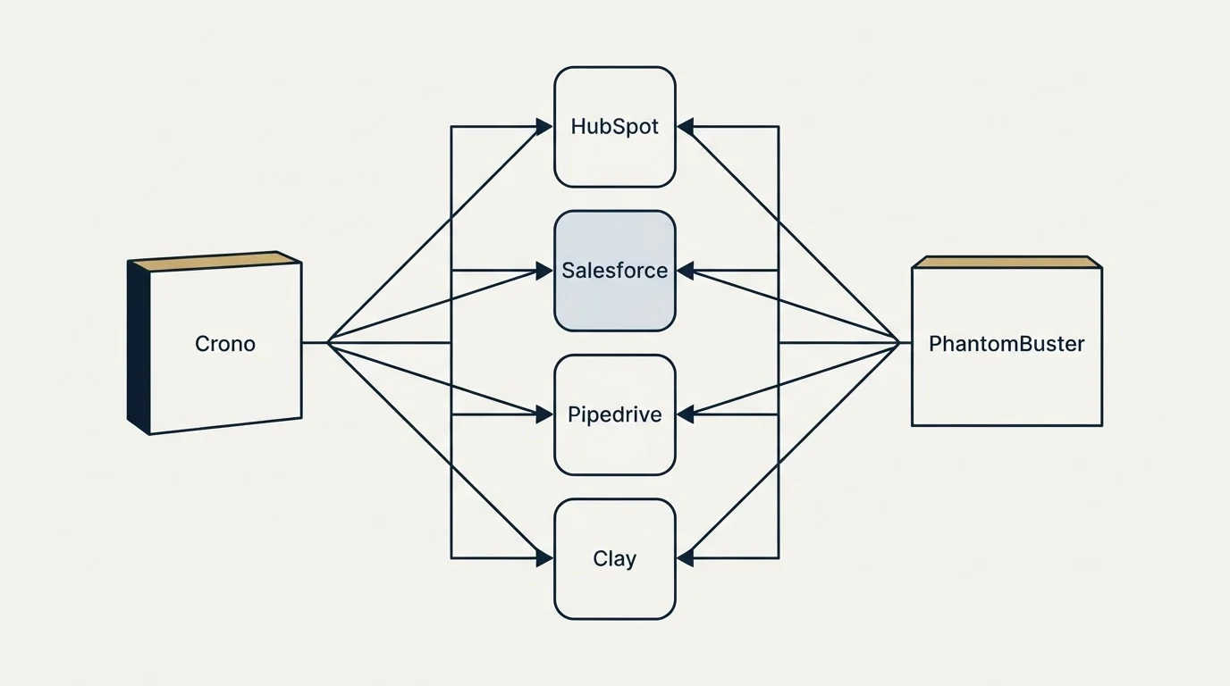 Integration flow: Integration Ecosystem (Crono, PhantomBuster, HubSpot, Salesforce)