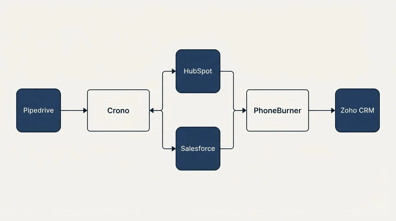 Integration flow: Integration Ecosystem (Crono, PhoneBurner, HubSpot, Salesforce)