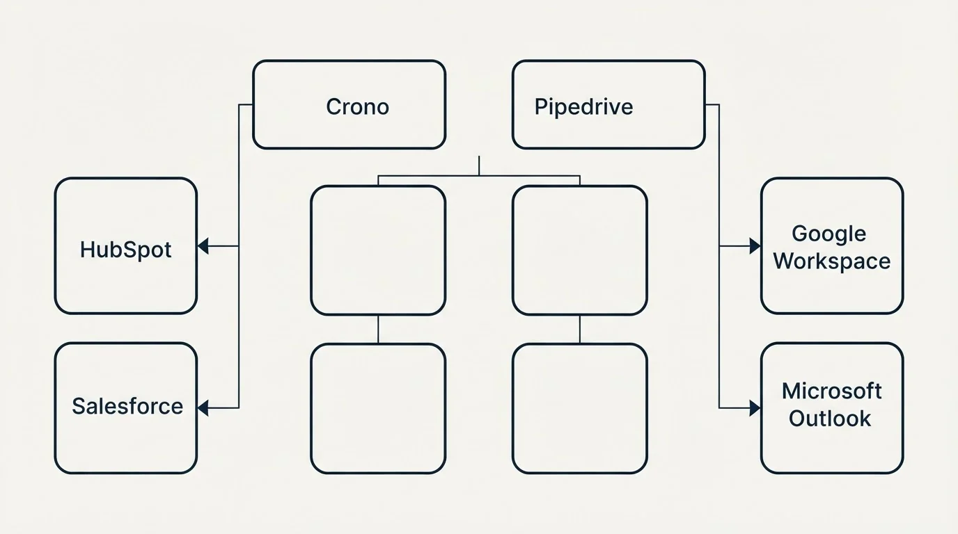 Integration grid: Integration Ecosystem (Crono, Pipedrive, HubSpot, Google Workspace)