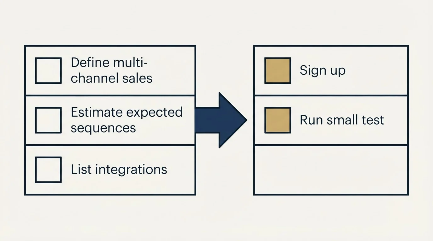 Before-and-after steps: Getting Started Checklist (Define multi-channel sales, Estimate expected sequences, List integrations, Sign up)